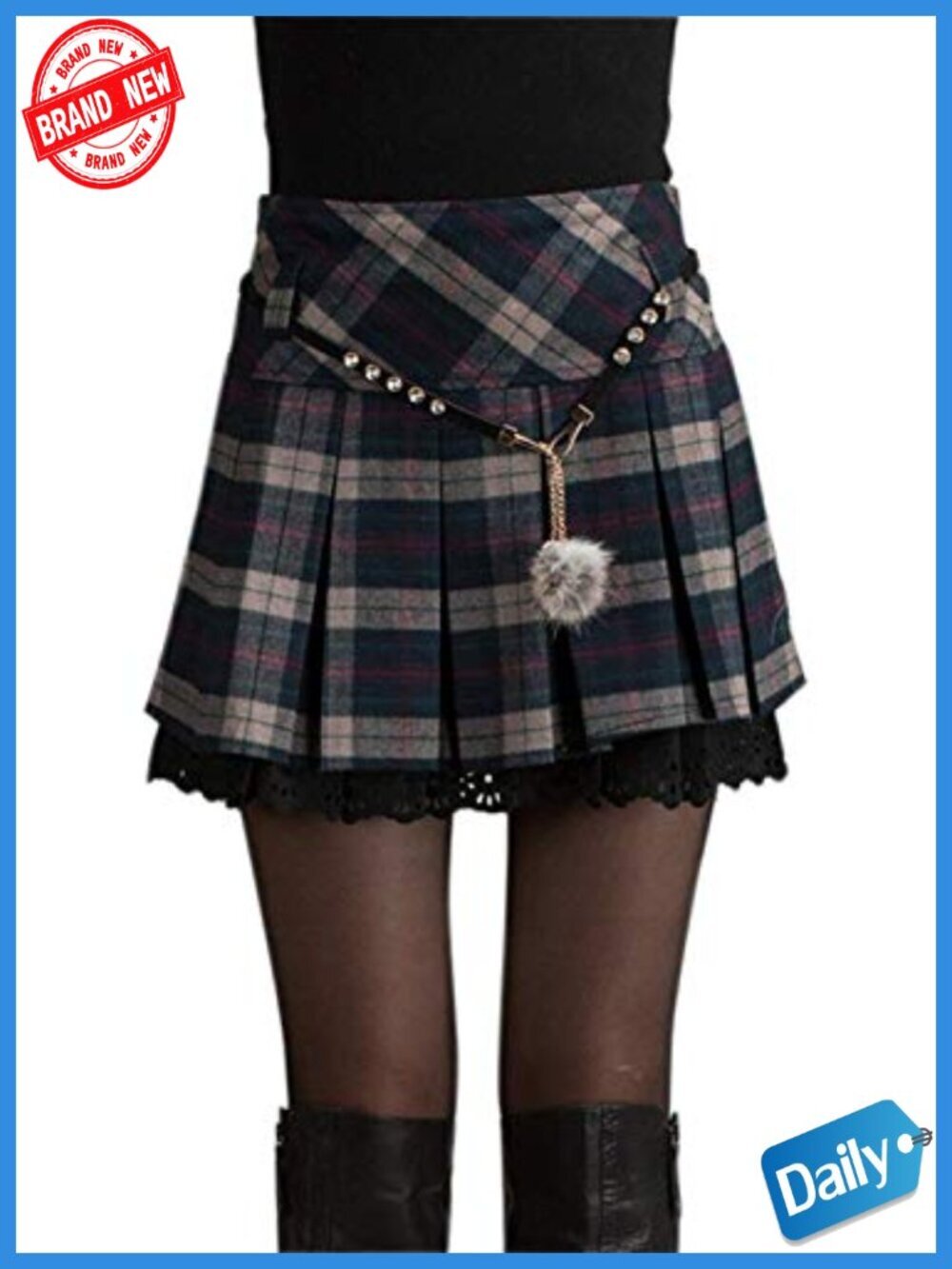 A-Line Plaid Wool Blend Pleated Skirt with Side Zipper